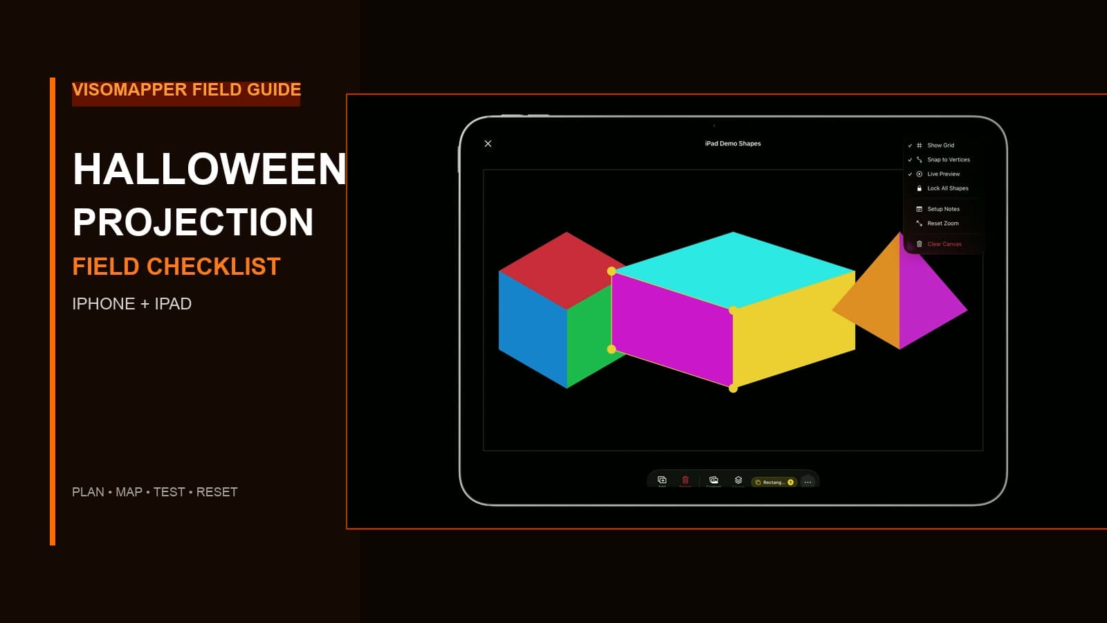 Visomapper's iPad mapping canvas framed by an orange Halloween field-guide design